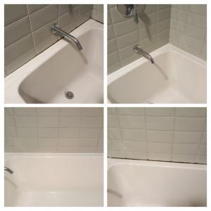 Collage photo of a regrouted tub, two photos provide before and two provide the after