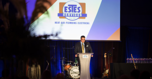 Brian Estes, President of Estes Services, gives speech during the 75th Anniversary celebration of Estes Services.