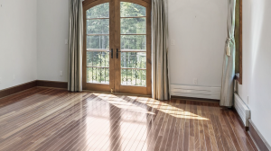 Empty room with laminate flooring, white walls, and a wood-framed glass door.