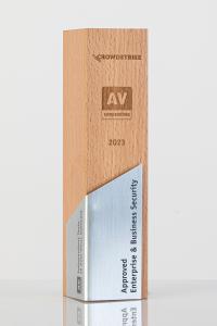 Trophy with the inscription of CrowdStrike Approved Enterprise & Business Security 2023 and the logo of AV-Comparatives