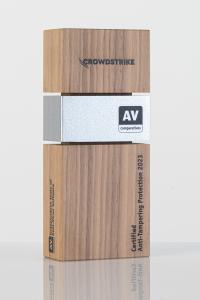 Trophy with the inscription of CrowdStrike Certified Anti-Tampering Protection 2023 and the logo of AV-Comparatives