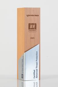 Trophy with the inscription of CrowdStrike Certified Advanced Threat Protection 2023 and the logo of AV-Comparatives