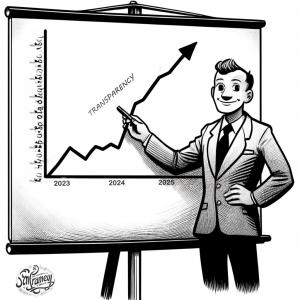 Cartoon image of a person giving a presentation. The chart takes an upward spike in 2024 and the graph is labeled 