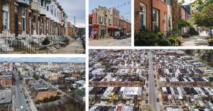 Selected neighborhoods in Baltimore, from left to right, including Greektown, row houses near Penn Station, Little Italy, Federal Hill, and Patterson Park.